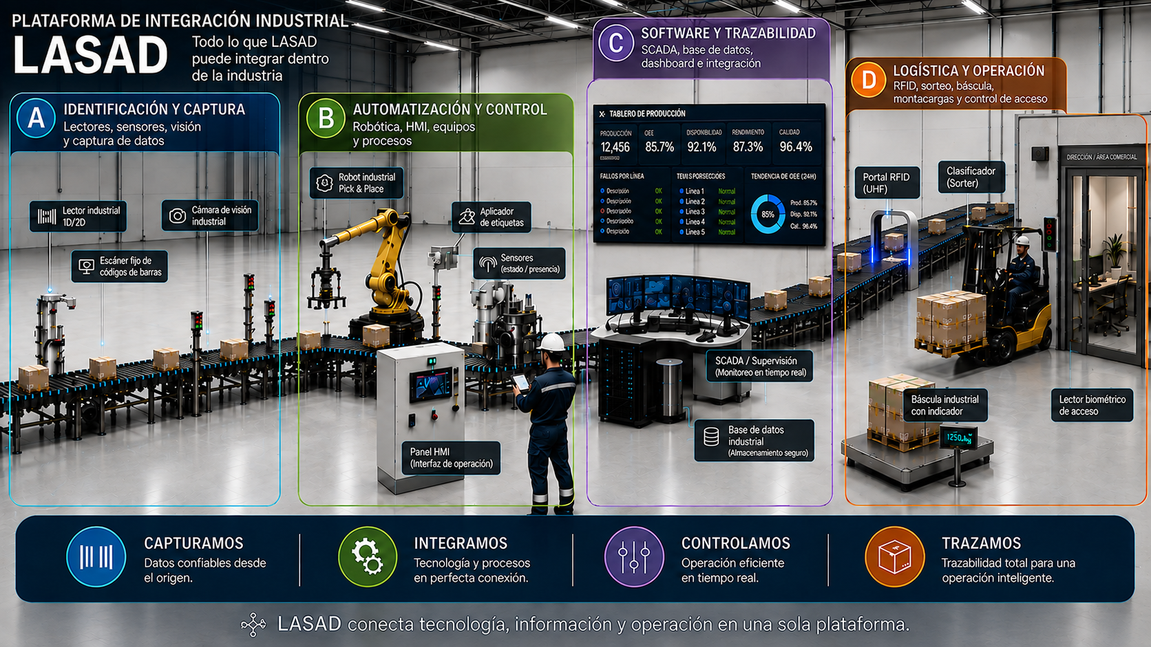 Plataforma de integración industrial LASAD con software, datos, trazabilidad, identificación automática, maquinaria, sensores, impresión, logística y controles de acceso