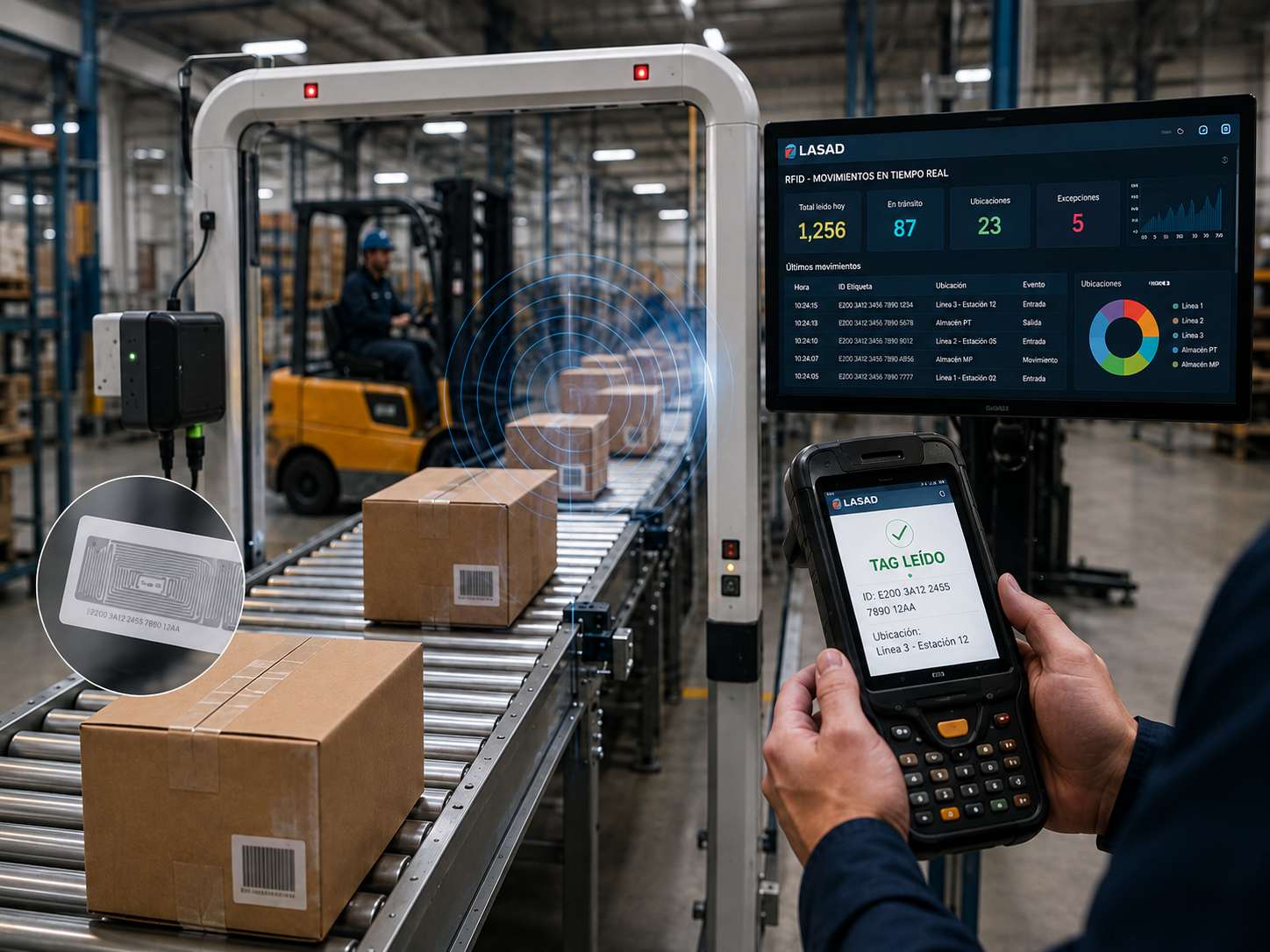 Portal RFID industrial identificando automáticamente un contenedor sobre un transportador