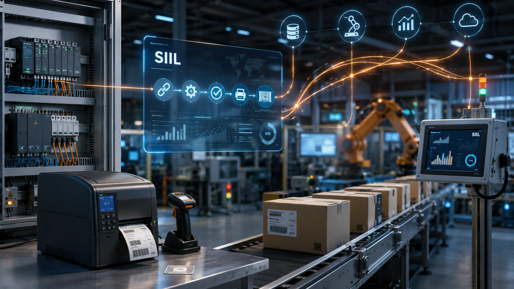 Visual tecnológico de SIIL conectando impresión industrial, PLC, lectores, RFID y trazabilidad en tiempo real